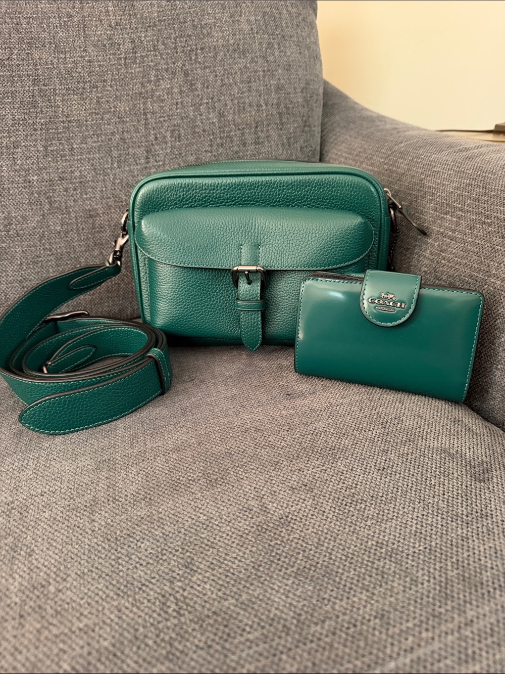 Coach Green Pebbled Leather Crossbody Camera Bag with Matching Wallet